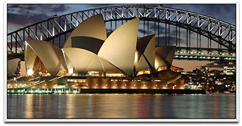 Oper in Sydney bei Nacht ca. 130x70cm Wandbild inklusive Schattenfugenrahmen weiss - Panorama Leinwand Bild XXL Format Wandbilder Wohnzimmer Wohnung Deko Kunstdrucke