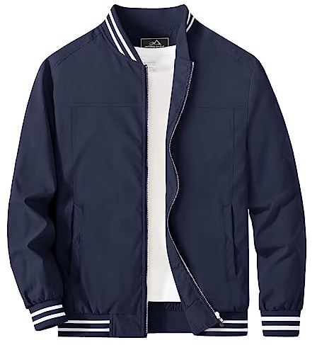 MAGCOMSEN Veste d'aviateur US pour homme - Blouson militaire court - Manteau léger - Automne - Veste de loisirs - Coupe-vent - Veste d'hiver - Veste de baseball universitaire avec poches - Bleu foncé