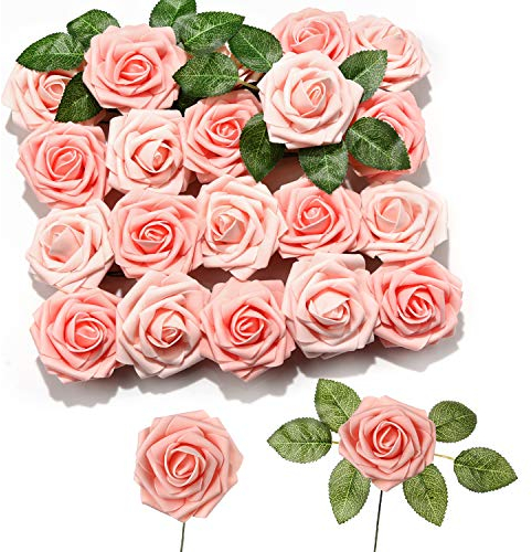 PartyWoo Künstlich Blume 20 Stück Rosen mit Stielen, Gefälschte Schaumstoffblumen, Rosa für Dekoration, Hochzeitsdeko, Raumdekor