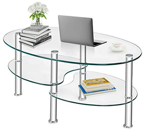 RELAX4LIFE Couchtisch, Wohnzimmertisch aus Hartglas & Edelstahl, fischförmiger Sofatisch 3 Ebenen, 90 x 50 x 45 cm Kaffeetisch bis zu 80 kg belastbar, Glastisch für Wohnzimmer Terrasse & Büro