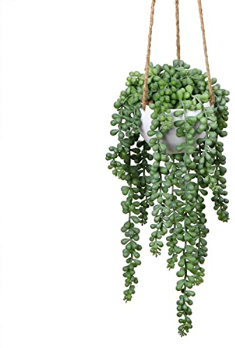 plants Fake Hanging with Pot, 14'' Faux String of Pearls Succulent Greenery Artificial Hanging for Indoor Home Office Farmhouse Bathroom Wall Shelf Decor - Dusty Green