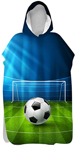 Lukery Kinder Erwachsene Badeponcho mit Kapuze, Hoodie Handtuch Poncho Bademantel, 3D Ball Muster Schnelltrocknend Strand Badetuch Surf Schwimmen Poncho für Mädchen Jungen (75x145cm,Fußball)