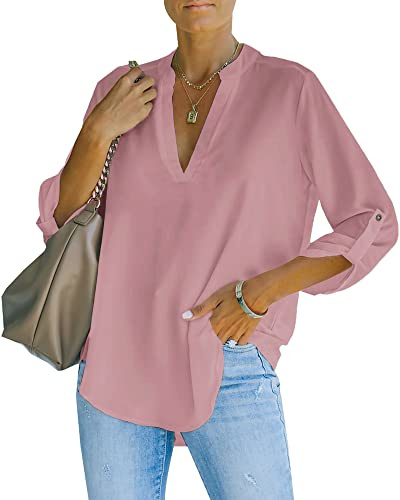 NONSAR Damen Bluse Elegant V-Ausschnitt Henley Hemdbluse Aufrollbaren Ärmeln Locker Blusen Lange Ärmel(9351XXL,Rosa)