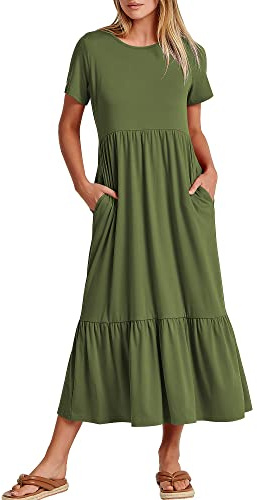 ANRABESS Womens 2026 Summer Casual Maxi Dress A line Tiered Flowy Short Sleeve Crewneck T Shirt Beach Travel Long Dresses X-Large Army Green