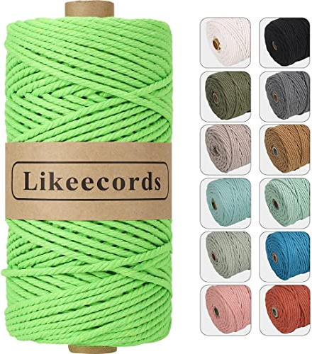 Likeecords Makramee Garn 4mm x 100m,Natürliches Baumwollschnur, Makramee-Seil,Bunte Bastelkordel aus Baumwolle für Taschen, Wandbehänge, Pflanzenaufhänger (Grasgrün)
