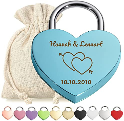 Cadenas d'amour avec cadenas en forme de cœur Bleu avec gravure au choix – Motif cœur avec flèche – Sac cadeau gratuit – Cadeau pour couple – Saint Valentin – Petite amie, petit ami