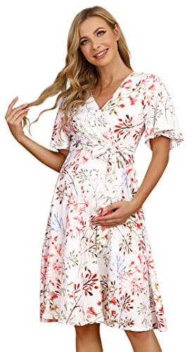 KOJOOIN Abito Premaman da Donna Vestiti per Allattamento Vestito da Gravidanza Abito per Allattamento Maniche 3/4 Linea A Vestito con Scollo a V, XL
