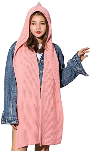 Petalum Schal Hut Damen Winter Mütze Halswärmer 2 in 1 Ohrmuschel mit Kapuze warm thermisch winddicht lang gestrickt Kappe Doppelzweck Eltern-Kind Damen Schal Hut weich, Rosa, One size