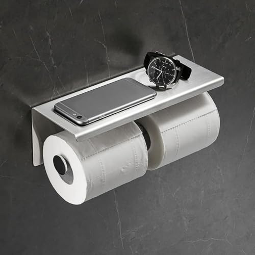 Doppelrollen-Toilettenpapierhalter mit Regal, wandmontierter Edelstahl-Taschentuchspender für das Badezimmer (Silber)