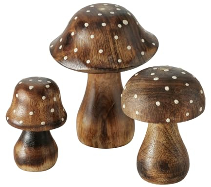 Spetebo Mangoholz Deko Pilze 3er Set zum Hinstellen - 10/8 / 7 cm - Holz Fliegenpilz Figur zur Herbst Dekoration - Holzpilz Dekopilz Waldpilz Herbstdeko Aufsteller Tischdeko