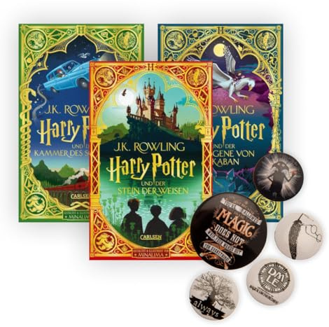 Harry Potter MinaLima-Prachtausgabe Band 1-3 plus 1 original Harry Potter Button