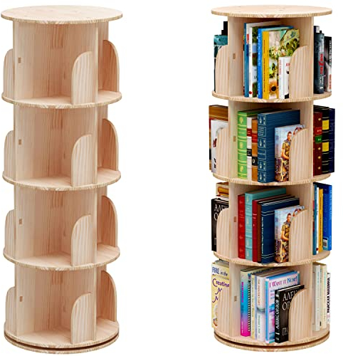 PTUWODS Drehbares Bücherregal, Standregal, 360 Grad, Lagerregal für Kinder und Erwachsene, multifunktionales Bücherregal Massivholz (4 böden)