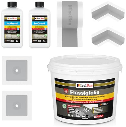 Isolbau Dicht-Set - Inkl. 1x Flüssigfolie (12 kg), 2x Grundierlösung (je 1 L), 1x Dichtband (10 m), 2x Innenecken & 2x Manschetten