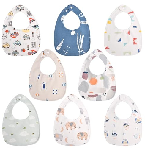 Vicloon Bavaglino Neonato, 8 Pezzi Bavaglini Impermeabili Cotone per Neonati, Bavaglie Unisex con 2 Bottoni di Regolabili, Drool Bavaglini Super Assorbenti per Giocare e Mangiare Piccoli da 0 a 3 Anni