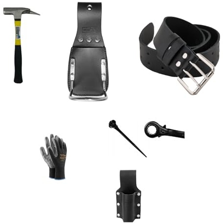 GERÜSTBAU PROFI SET Ratsche Gerüstbauratsche Schlüssel 19/22 + Latthammer + 2 Halter + Gürtel (105, 120, 140), Arbeitshandschuhe, TOP Qualität (Gürtel 105cm)