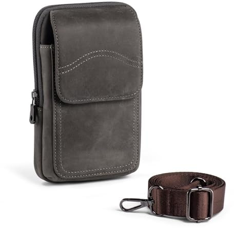 Hengwin Leder Reißverschluss Retro Umhängetasche Telefon Gürtel Tasche Casual Crossbody Hüfttasche (Grau)