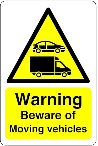 Warning Beware moving vehicles sign - 1.2mm Rigid plastic for indoor/outdoor usage (300mm x 200mm) Viewing Distance within 7m.