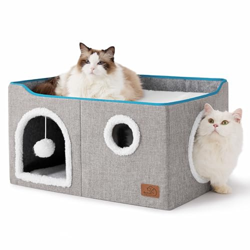 Bedsure Extra Wide Cat House Bed with Fluffy Ball and Scratch Pad,Grey