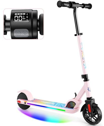 Caroma E Scooter für Kinder Alter 6-14, 150W/180W Motor, 16 km/h, 80 mins Fahrzeit, einstellbare Geschwindigkeit und Höhe, Bunte Lichter, LED-Anzeige, Faltbarer Kinder Elektroroller