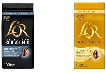 L'OR Café en Grains 100% Arabica - Lot de 2 Paquets : 1kg Sélection et 1kg Absolu