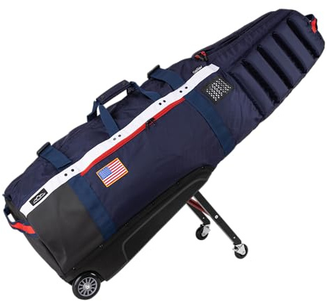 Sun Mountain ClubGlider Meridian, renommierte Golftasche mit Rollen für ultimativen Komfort, mit dichter Schaumstoffpolsterung für Schutz und geräumige Aufbewahrung, Marineblau-Weiß-Rot
