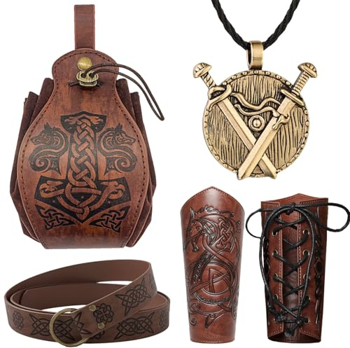 Wikinger Kleidung, 6 Stk Mittelalter Kleidung für Damen und Herren, Armschutz Bogenschießen, Armschienen, Gürtel, Wikinger Deko für Halloween Cosplay Kostüm(C)