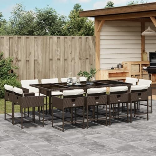 Homgoday 13-TLG. Garten-Essgruppe mit Kissen Gartentisch mit Stuhl Balkonmöbel Gartenmöbel Set Tisch mit Glasplatte Gartengarnitur Sitzgruppe für Garten Terrasse Braun Poly Rattan