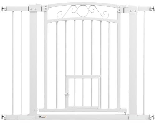 PawHut Barrera para Perros con Cierre Automático, Puerta para Perros 76-104 cm, Barrera de Seguridad con 2 Extensiones 7/14 cm, Fácil Montaje, Doble Bloqueo, para Escaleras y Puertas, Blanco