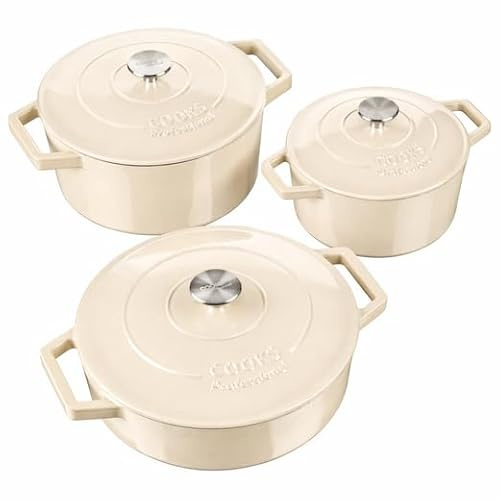 Cooks Professional Set of 3 Cast Iron Casserole Dishes with Lid & Handles | 20, 26 & 28cm | Colourful Enamelled Cooking Pans Pots | Suitable For All Hobs Inc Induction | Oven & Grill Safe | Ivory