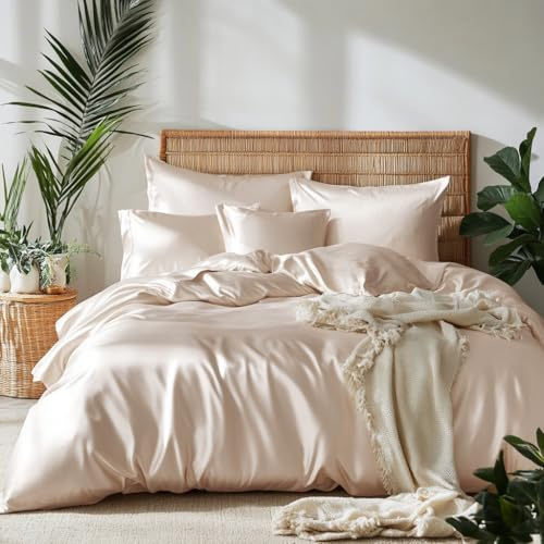 Lanqinglv Beige Bettwäsche 155x220 cm 100% Bambus Lyocell,Kühlende Satin | ÖKO-TEX,für Allergiker Mako Satin Sommer Bettwäsche,Luxus Glatt Bettbezug mit Reißverschluss und 1 Kissenbezug 80x80