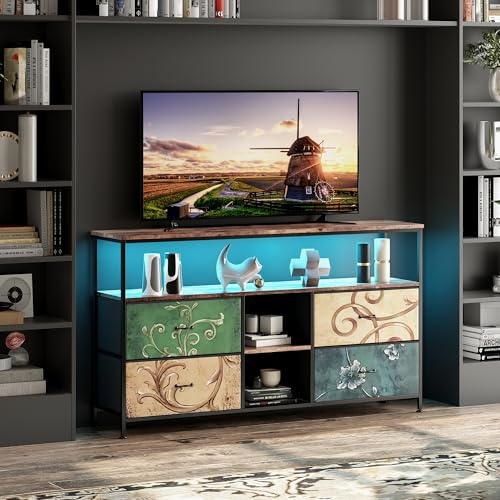 Mueble TV de 108 cm, mueble de TV industrial con 4 cajones, mesa TV, salón, muebles, tele LED, madera, banco de TV, tela, cajones, marco de acero, mueble de almacenamiento industrial dormitorio (4