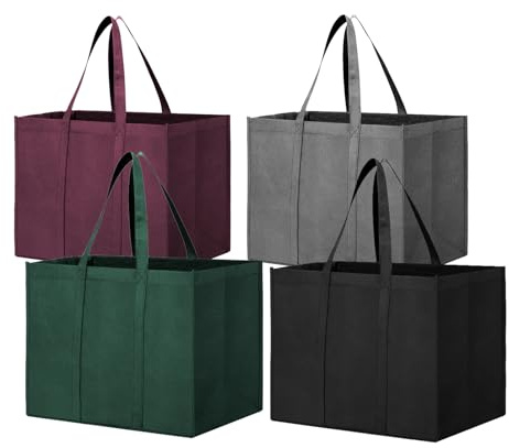 WWW 4 Pack Shopping Bags,Reusable Grocery Shopping Bag,Washable,41x26x33cm Large Reusable Grocery Tote Bags, Tote Bag with Handles Foldable, Shopping Bags for Daily Life Picnic Camping,4-color