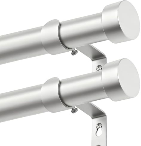 KAMANINA 2 Pack Silver Curtain Pole 80 to 304 cm, 25 mm Diameter Curtain Poles for Eyelet Curtains, Extendable Curtain Rod with End Cap Finials for Windows