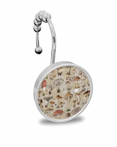 Shower Curtain Hooks Set of 12, Mushroom Spring Summer Plant Leaves Retro Crystal Glass Showers Curtains Rings, Bathroom Decorative Rod Stainless Steel Rust Proof Roller Hangers Hook