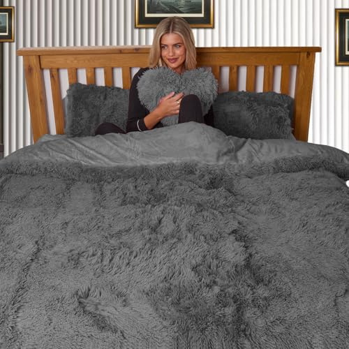 Dolce Vari Hug & Snug Luxury Fleece Bedding Set Warm & Cozy Super Soft Fluffy Fur Duvet Cover Set - Ultimate Comfort (Charcoal, Single)