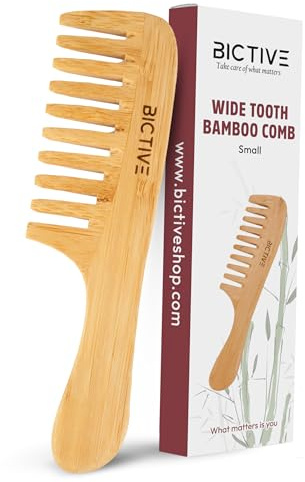 BICTIVE® Peine de Puas Anchas de Madera [Pequeño]. Desenredante, Anti Frizz, Peine Pelo Rizado, Antiencrespamiento. Curly, Rizos y Todo Tipo de Pelo. Ideal para Pelo Fino y Corto. Cepillo Bambu Pelo