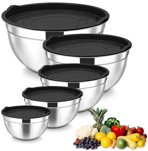 Ausune Lot de 5 saladiers en acier inoxydable avec couvercle hermétique - 4,5 l / 2,7 l / 1,5 l / 1,2 l / 0,7 l - Idéal pour cuisiner, cuire et ranger - Empilables
