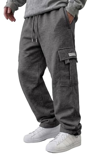 HUNGSON Mens Cargo Sweatpants Drawstring Casual Hiking Pants Joggers Athletic Trousers Cotton Loose Straight Pants for Men Dark Grey Heather