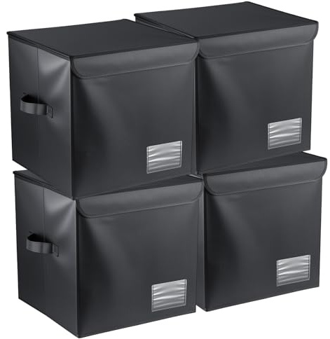 LN COZY CORNER 4PCS Vinyl Record Storage Box Holds 90 12-Inch Records Stackable Collapsible Records Case LP Organizer Crate with Dust-Proof Lid Portable Handle for Collecting Valuable Album