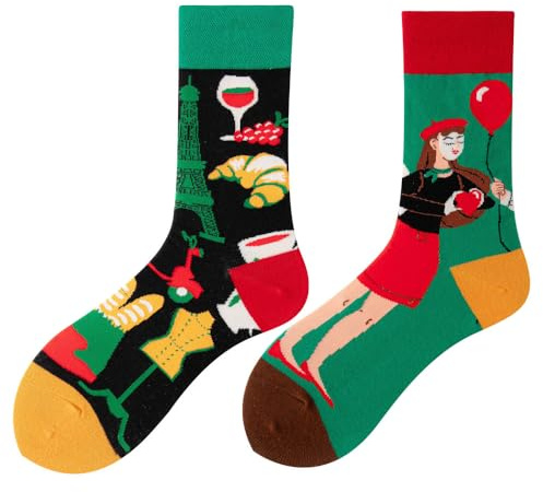NxnChc Calcetines Divertidos Unisex para Mujer y Hombre con Diseños Asimétricos en Par - Temas Animales, Comida, Fruta, Deporte y Arte en Algodón - Ideal para Regalos
