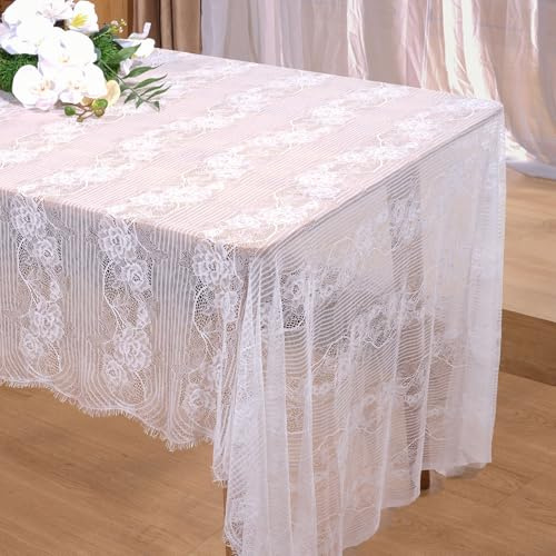Ziweidue Vintage White Lace Tablecloth - 60x120 Inch Rectangular Sheer Embroidered Overlay for Rustic Weddings, Garden Parties, and Elegant Home Decor (White)