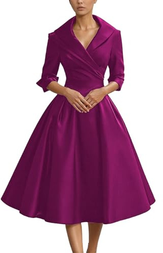 Vestido de cóctel vintage para mujer en estilo años 50 - Elegante vestido acampanado con cuello de chal | Vestido festivo para ocasiones especiales, Style_u03 Purple, XL
