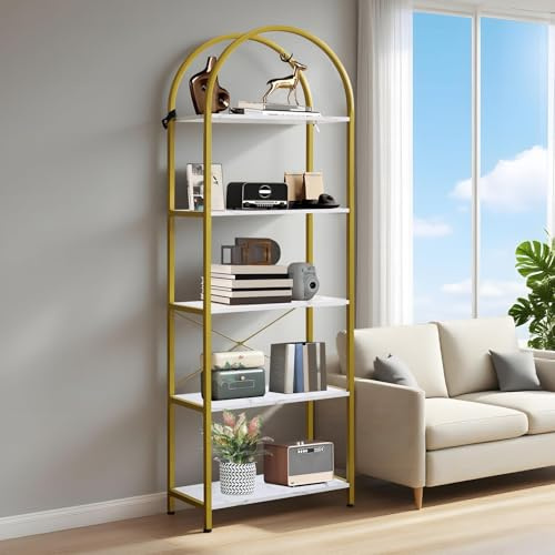 Hapihom Arched 5 Tier Bookcase, Narrow Floor Standing Bookshelf with Sturdy Metal Frame, 60x28x180cm Tall Bookshelf, Freestanding Display Shelving Unit for Living Room, Bathroom, Office - Gold