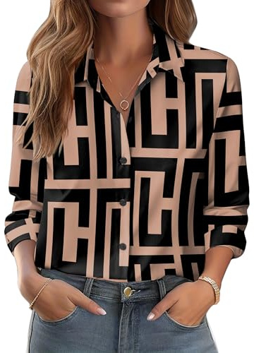 Zeagoo Blusa Donna Elegante Camicia Lunga Manica Collo Alto Primavera Estate Fiore Collo Alto Senza Stiro Button-Down Camicie Business Top LargoBeige Nero Geometrico XXL