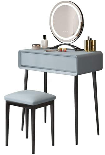 Justerbar ljusstyrka, vitt sminkbord med spegel och låda, vadderad pall snyggt toalettbord för sovrum och studio (grå 60 cm)