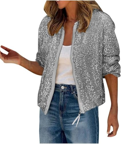 Damen Pailletten Jacke Damen Bomberjacke Kurze Glitzer Blouson Jacke Casual Übergangsjacke Elegant Dünne Jacken Zip Up Herbstjacke Leichte Coat Festival Outfit Karneval Party Kostüm Clubwear Festlich