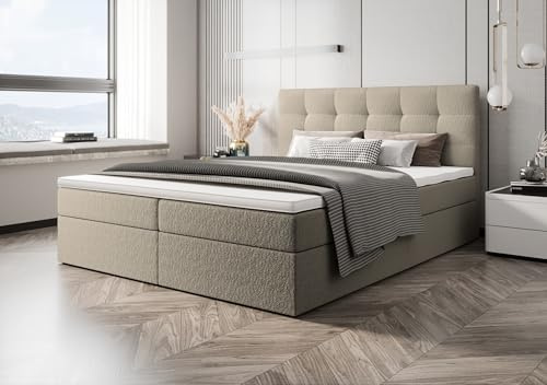 B&B HOME Sagani Boxspringbett mit Bettkasten und Stauraum, Beige, 180x200 cm, Polsterbett mit Aufbewahrung, Modernes Design mit gepolstertem Kopfteil (Beige)