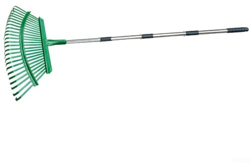 Rastrillo de jardín de acero al carbono con mango telescópico, 47 x 33 cm, rastrillo de hojas para jardinería, escoba de césped y limpieza de patio, ajustable a 135 cm, ancho compacto para espacios
