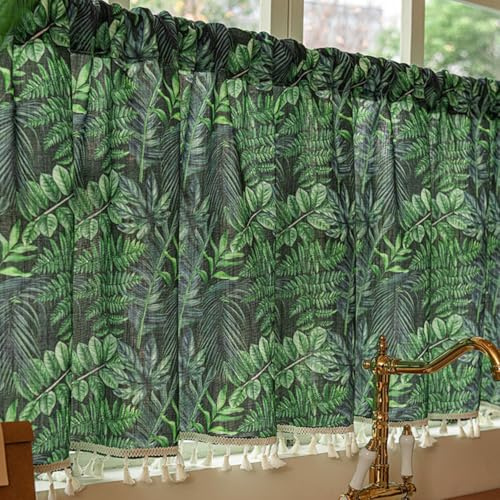 LUANTIANPAI Grün Blätter Bistrogardinen Landhaus Scheibengardinen Tropisch Stil Kurzgardine Vintage Halbtransparent Vorhang Küchengardine mit Quasten für Cafe Kurzstores 1 Stück 140×60cm(BxH)