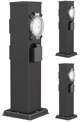 ledscom.de Columna de enchufes para jardín Polly, 3 enchufes, para Exterior, IP44, Temporizador, 3 enchufes, Acero Inoxidable, Negro, Cuadrada, 40 cm